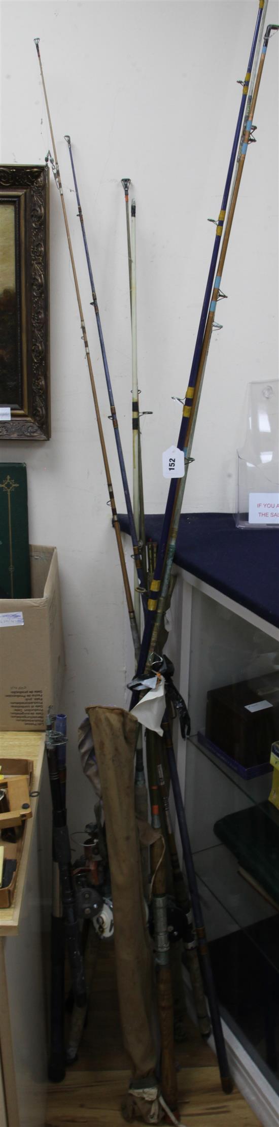 Eight split cane and other fishing rods